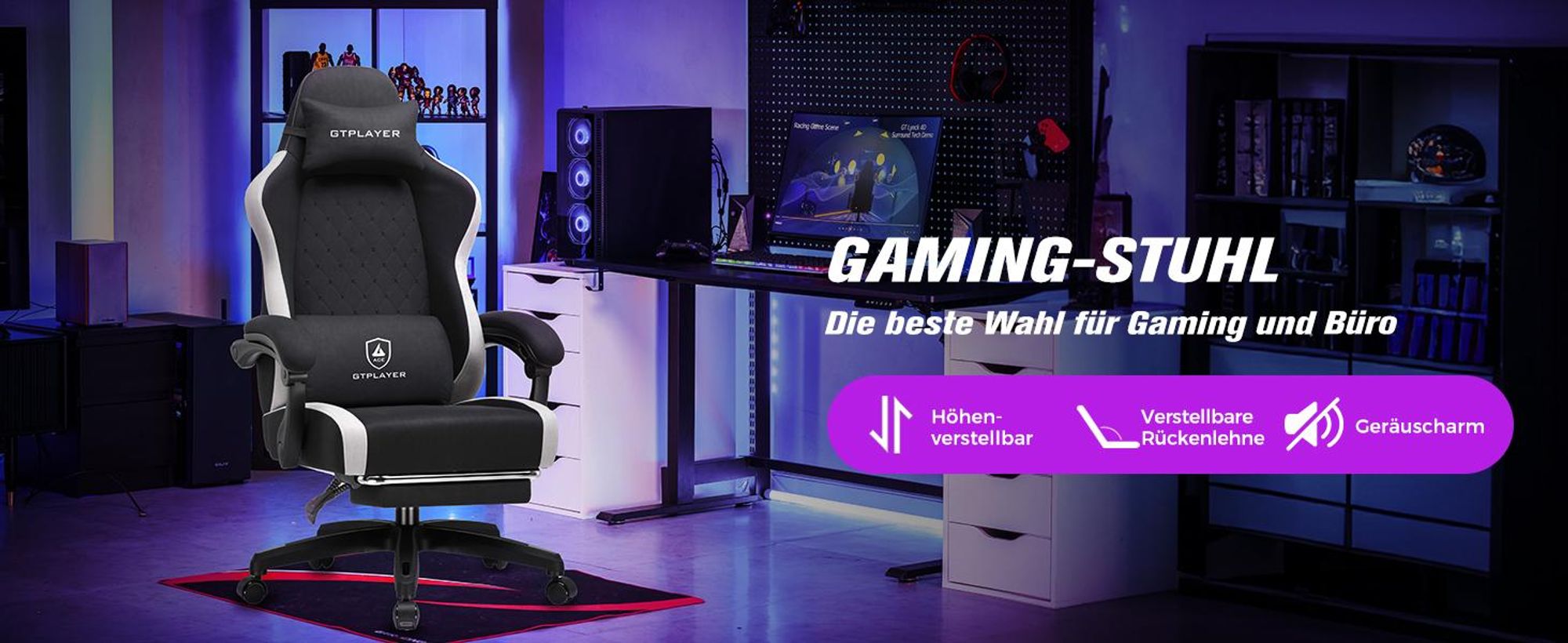 GTPLAYER Gaming Stuhl Ergonomischer, PC Stuhl Atmungsaktiver Stoff, Groß und Hoch Drehbarer Schreibtischstuhl mit Fußstütze, Schwarz