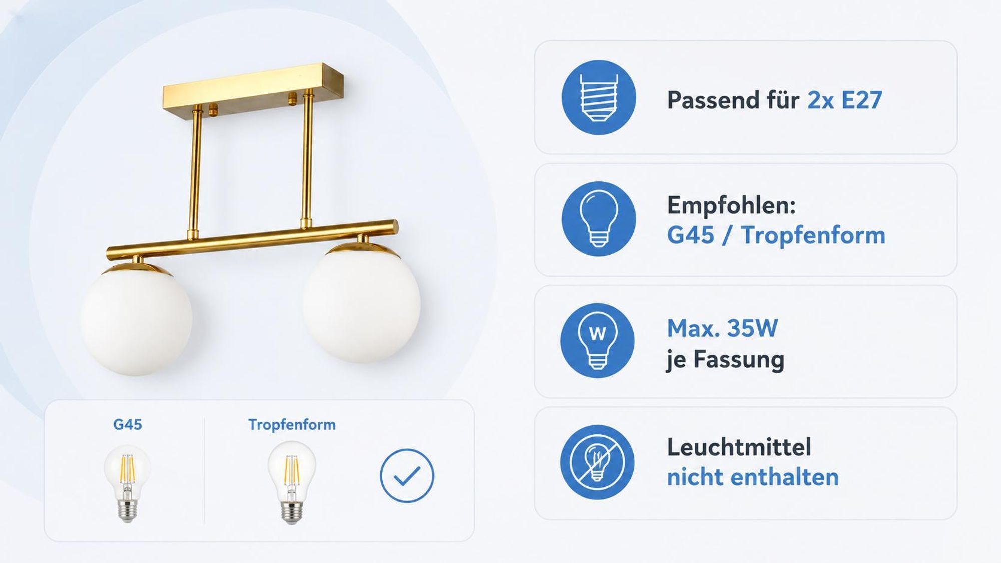 MasterLED Deckenleuchte 2-flammig Gold, für E27 G45, Glaskugeln Design, Modernes Wohnzimmer & Flur