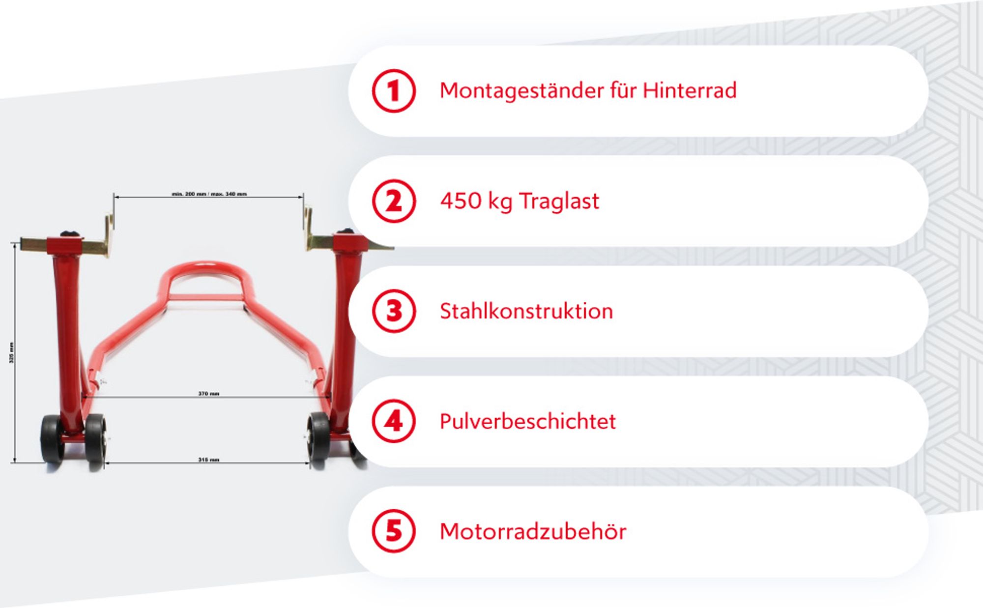 Wiltec Motorradständer hinten für 200-340 mm Reifen, 370 x 325 mm, als Montagehilfe aus Stahl für Hinterrad, Motorradheber bis 450 kg