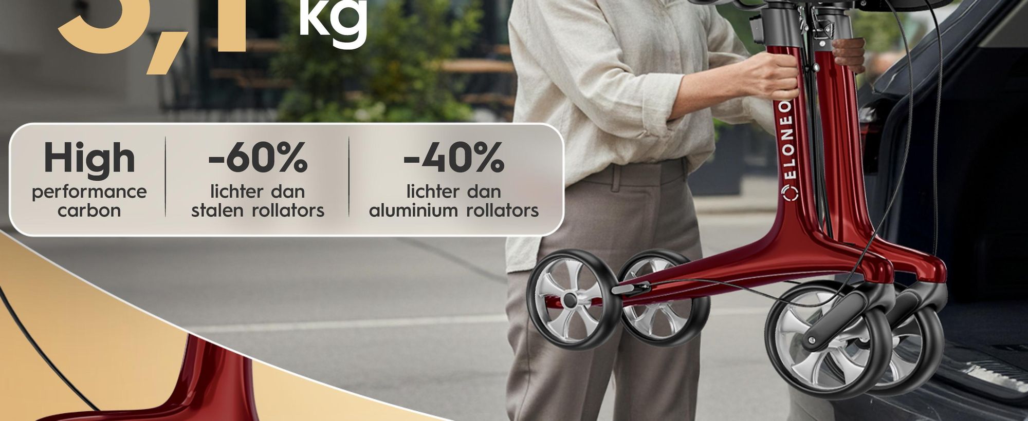 ELONEO Carbon rolstoel, inklapbaar en lichtgewicht, met zitplaats, lichtgewicht reiskruk, ultralicht, rood - maat M