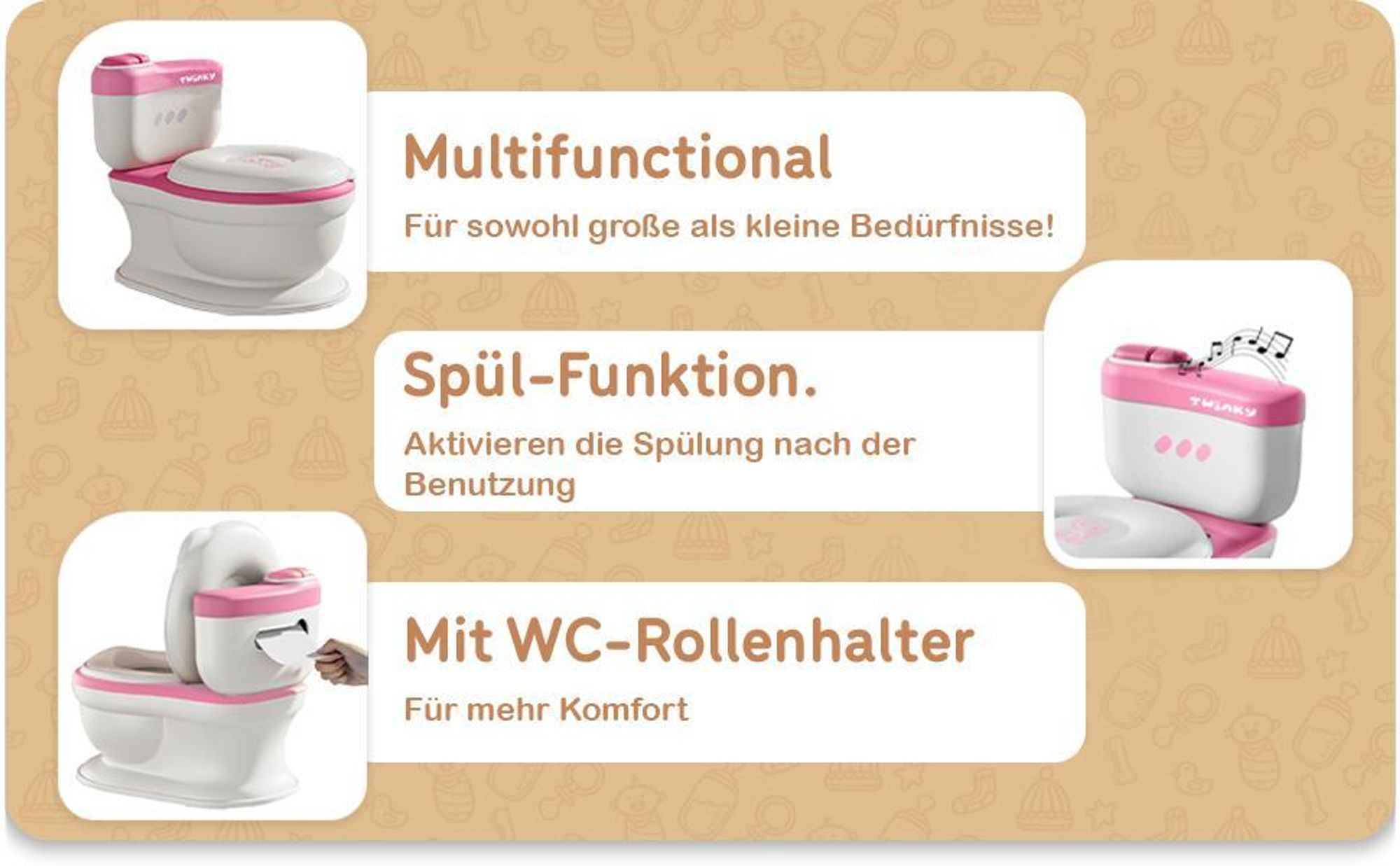 Twinky® Töpfchen für Kinder und Baby – 3-in-1 Toilettentrainer mit Musik- und Spültaste – Toilettensitz mit Deckel und WC-Rollenhalter