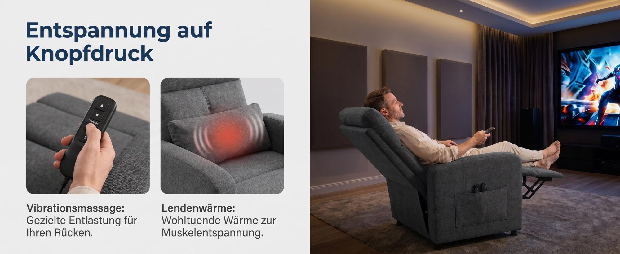 Elektrischer Relaxsessel mit Massage, Fernsehsessel Elektrisch Grau mit Liegefunktion, TV Sessel Elektrisch, Liegesessel 90°–150° verstellbar, Wohnzim