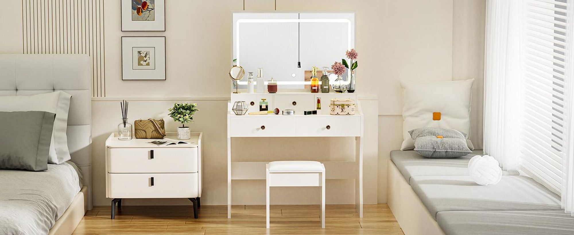 Schminktisch mit Spiegel und LED, 5 Schubladen, 80 x 40 x 135 cm mit Hocker Steckdosen+verstellbaren LED-Beleuchtung, weiß
