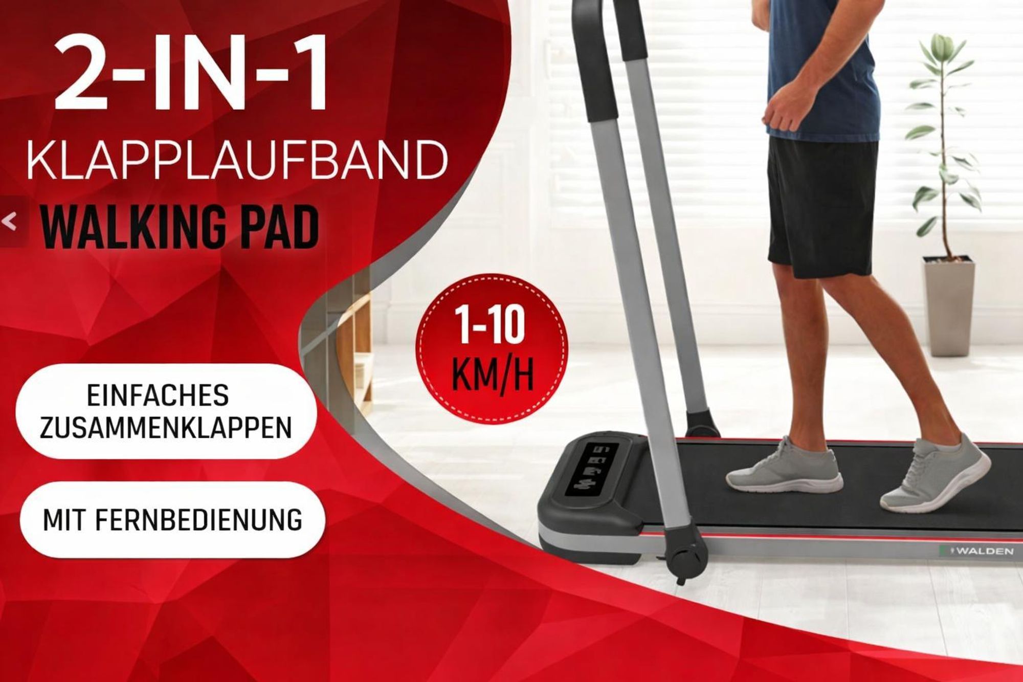 Walden F2600 Laufband 2 in 1 Walking Pad klappbar bis 10 kmh Untertisch Elektrisch Gehgerät Home Office Leise Fernbedienung LCD Display Belastbar 110k