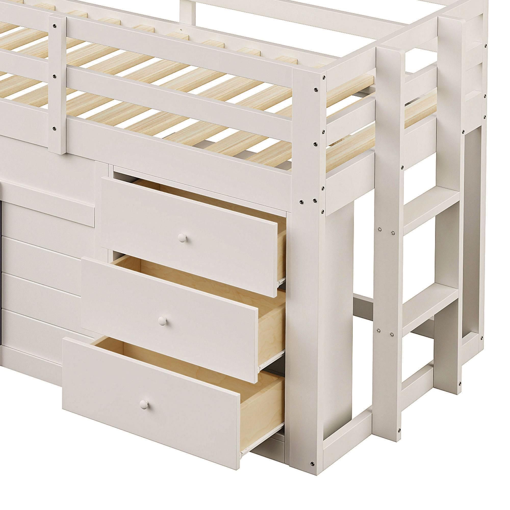 Merax Etagenbett 90x200 mit Rutsche, Kinderbett mit 3 Schubladen & 2 Hohl Türen, Jugendbett aus Holz, niedriges Stockbett, Creme