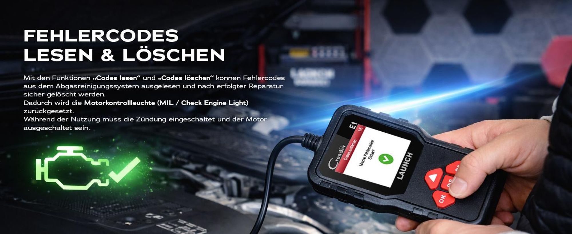LAUNCH Creader E1 OBD2 Diagnosegerät Auto,Fehlerauslesegerät für Motor & Abgas,liest & löscht Fehlercodes, zeigt Live-Daten & I/M-Bereitschaft