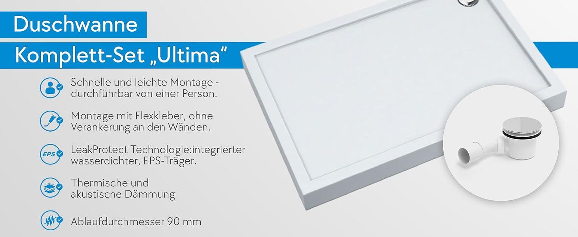 AQUABAD® Duschwanne Komplettset Ultima LeakProtect® Smooth White 80x120cm Rechteck mit Ablaufgarnitur Alcadrain A49CR