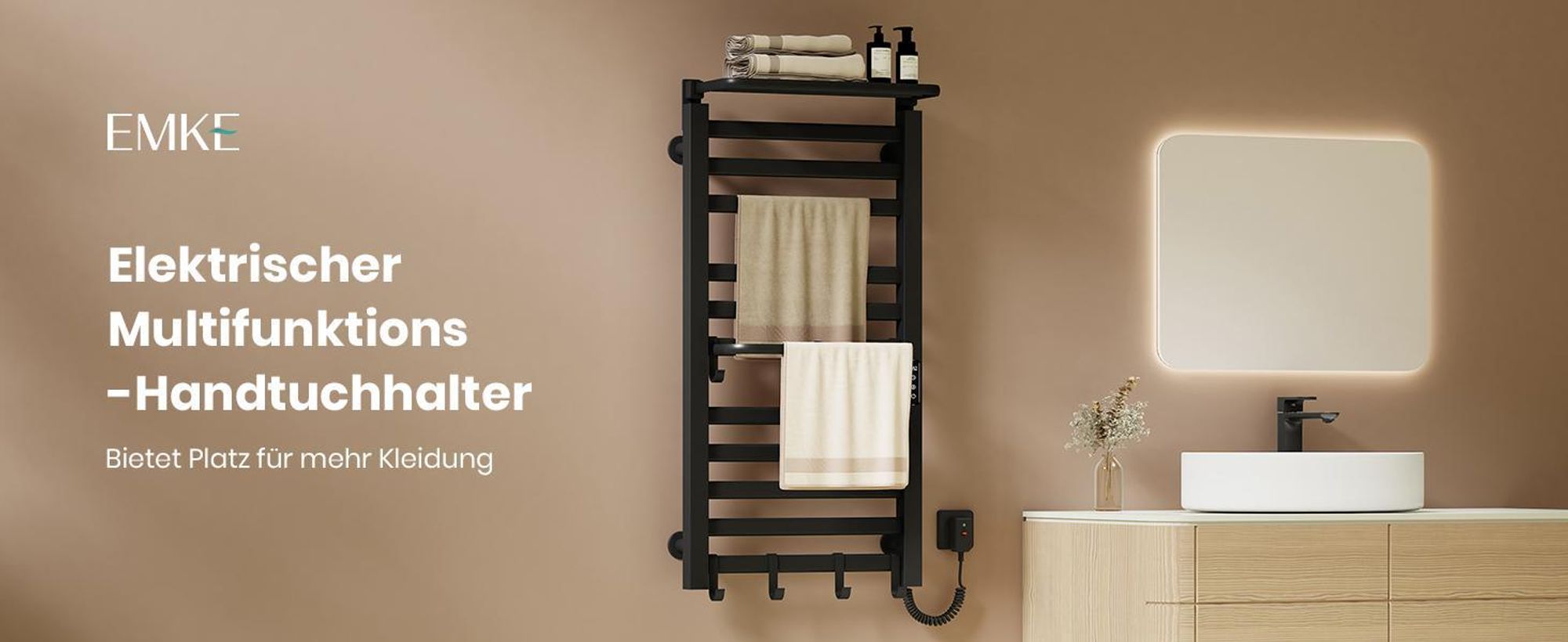 EMKE Handtuchwärmer Elektrisch WIFI Handtuchtrockner Doppelreihe Flachrohr mit Ablage & Haken 1000×500 mm 280W Tuya Alexa Schwarz Matt