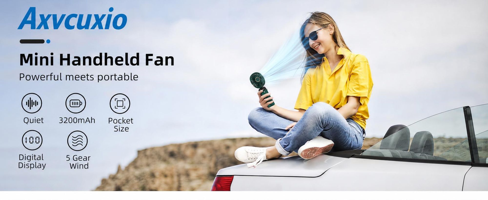 3-in-1 Mini Handventilator,USB-Handyhalter-Lüfter Tragbarer,5 Geschwindigkeitsstufen,3200mAh Akku,90° Faltbarer,LED-Display,12H-laufzeiten,Leise