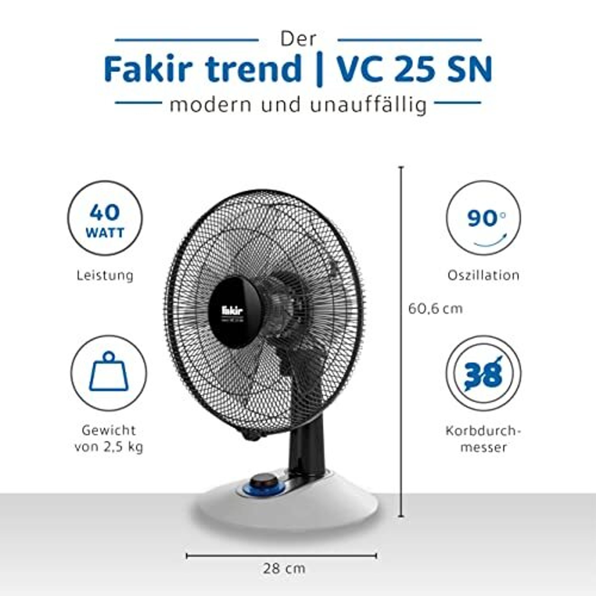 Fakir trend VC 25 N – Ventilator mit 90° Oszillation, 4 Leistungsstufen & LED-Schalter, Leise, Kompakt, Stromsparend, Büroventilator, Tischventilator