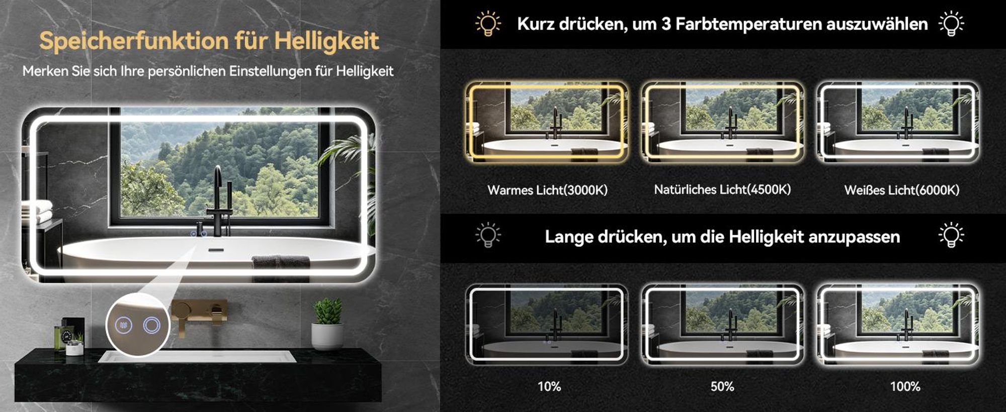 Puluomis Badspiegel 120x60 beschlagfrei mit 3 Farbe Beleuchtung, dimmbare Helligkeit, Badezimmerspiegel IP44 Spritzwassergeschützt, schwarze Rahmen