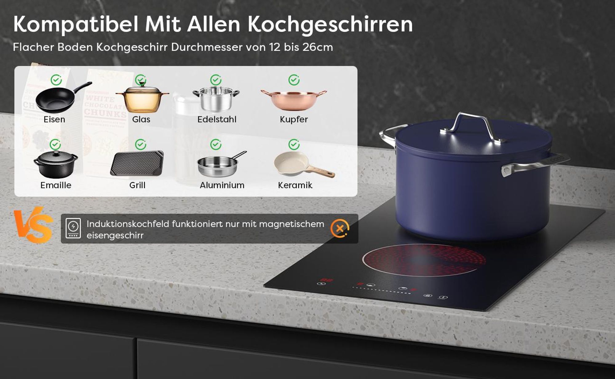 CDV Elektro-Kochfeld 30 cm Glaskeramikkochfeld 2 Zonen 9 Stufen Touch Control 3000 W CDVER302