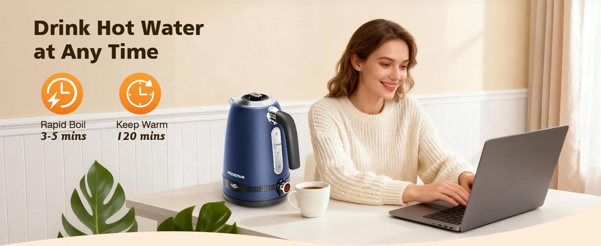 Aigostar Wasserkocher 1,7 L, 2200 W, mit Temperatureinstellung 40-100℃, Warmhaltefunktion  Digitaler Temperaturanzeige, Schwarz
