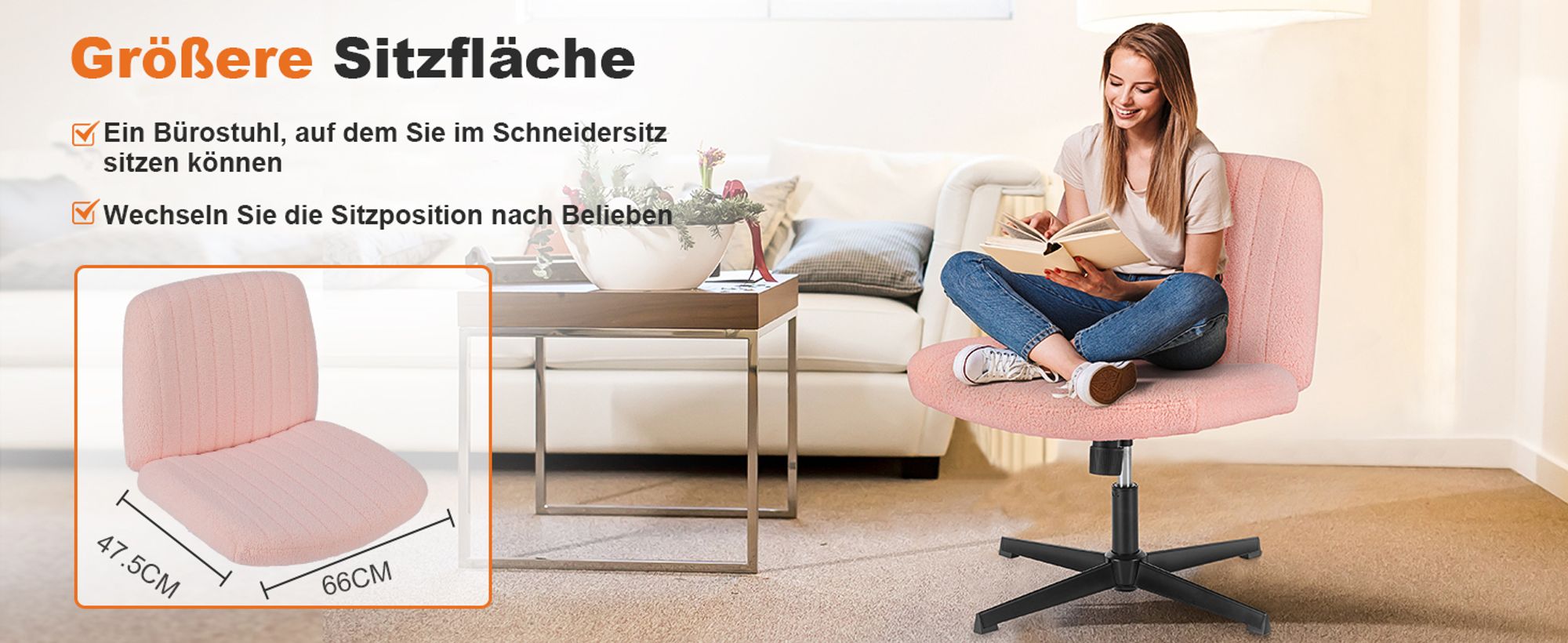 Sweetcrispy Bürostuhl Ohne Armlehne, Teddysamt und Bequemes Netzgewebe Schneidersitz Stuhl, mit Verbreitertem Sitzkissen Criss Cross Chair(Rose)