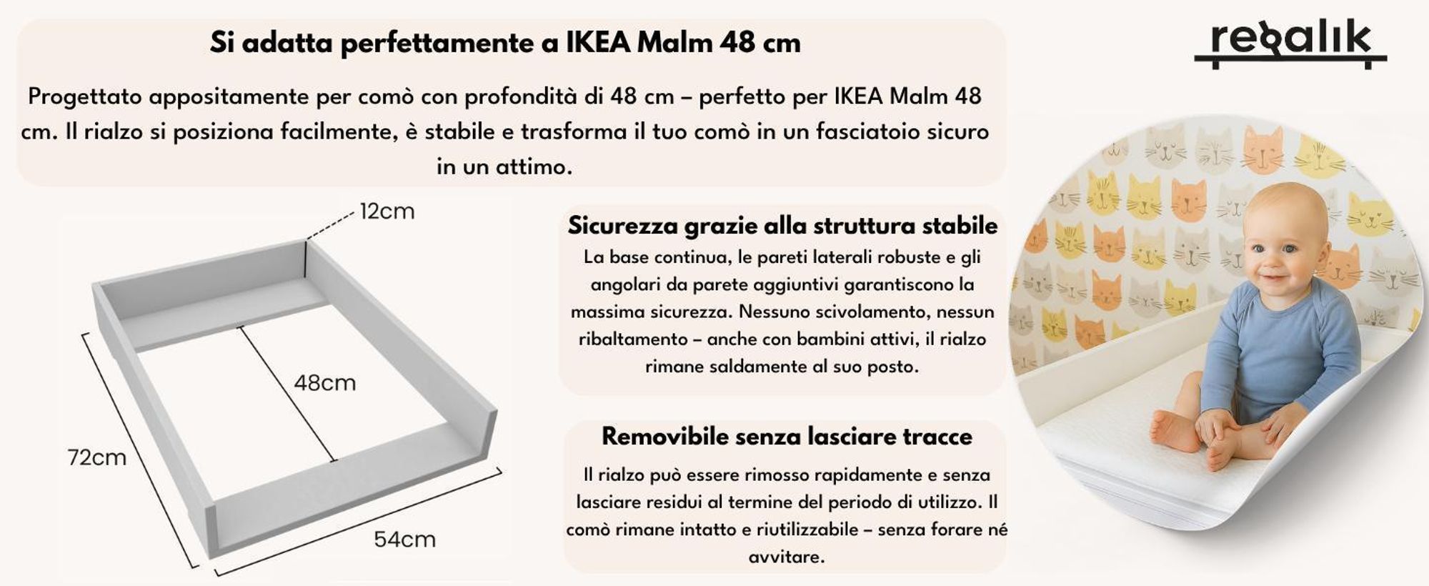 piano fasciatoio regalik per Malm di IKEA, Piano fasciatoio per cassettiere da 48 cm, Piano fasciatoio rimovibile, Pannelli frontali arrotondati, Rosa, 72cm x 54cm