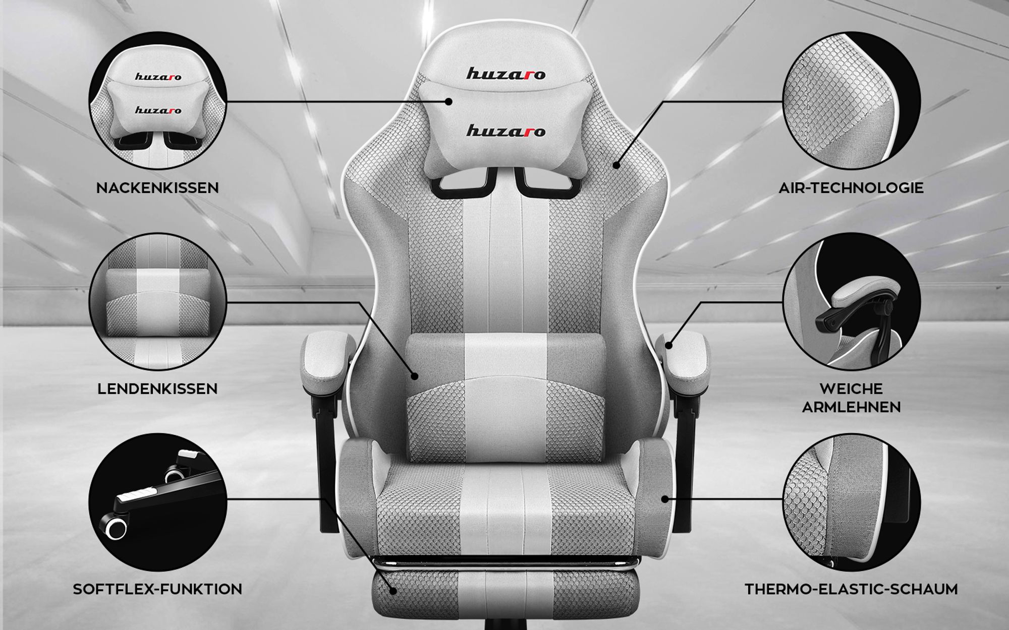 Huzaro Force 4.7 | Gaming Stuhl Bürostuhl Computerstuhl PC Chair | 90-140° Neigungswinkel Kopfstütze Lendenkissen Fußstütze Stoff | Weiß