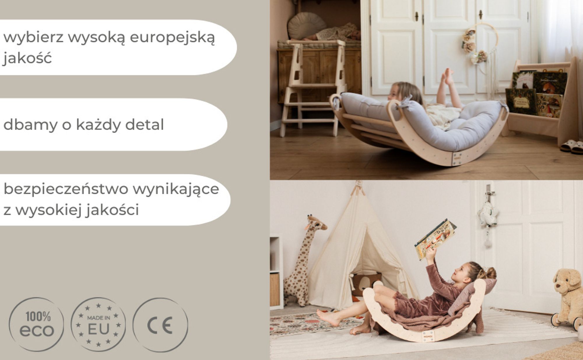 MAMOI® Bujak drewniany dla dzieci | Drewniana kołyska Drewniana drabinka do bujania z naturalnego drewna | Wielofunkcyjny bujak montessori Wspinaczka