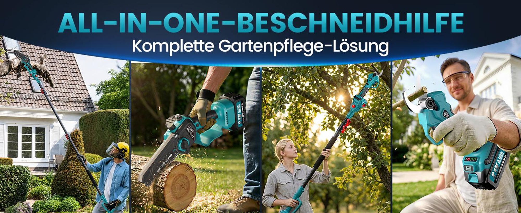 Akku Hochentaster 4in1 Akku Gartenset Bürstenloser Motor 6 Zoll Akku Kettensäge Akku Hochentaster Astschere 40mm Teleskopstange 2x4000mAh Akkus