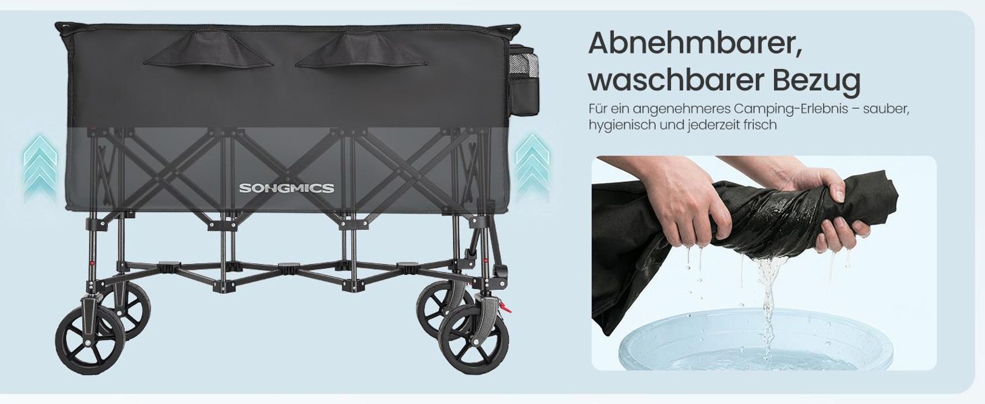 SONGMICS Faltbarer Handwagen mit Griff, Bollerwagen, 4 abnehmbare Rollen, 200 L, bis 150 kg, Outdoor, Garten, schwarz