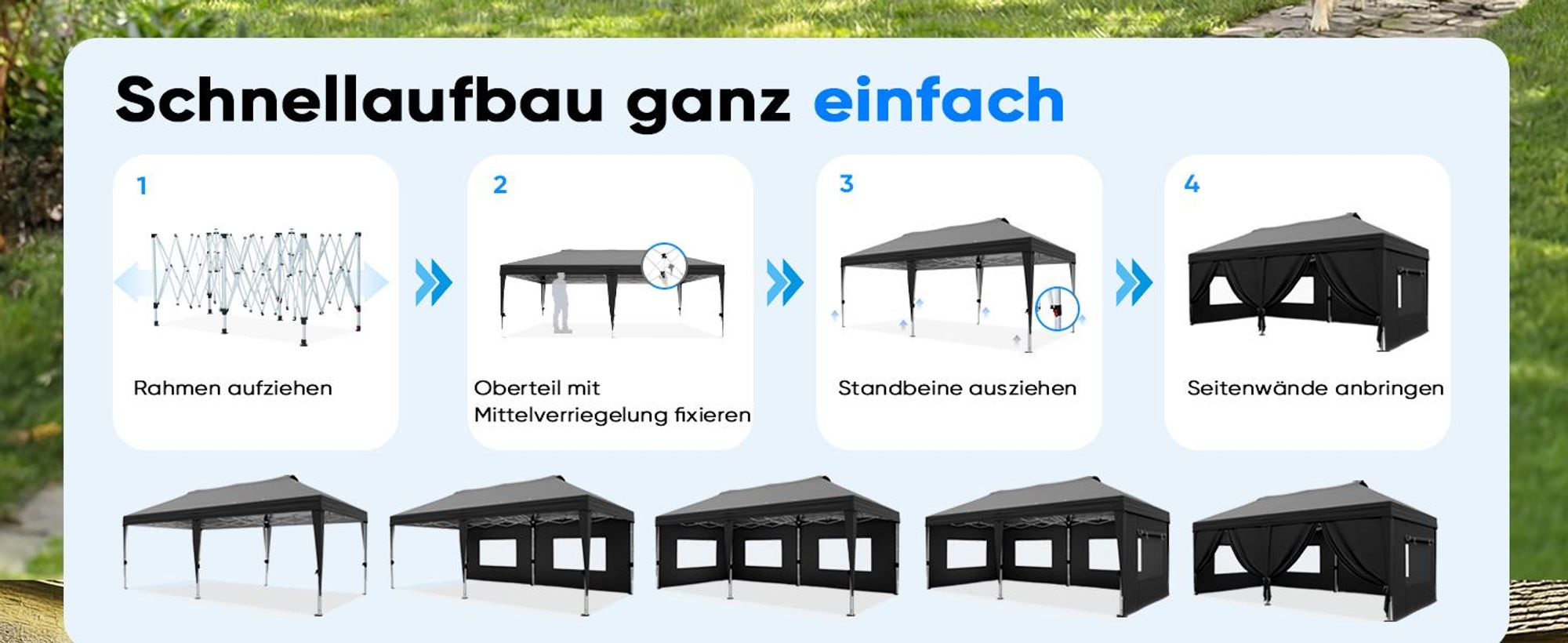 Quictent Pavillon 3x6m Faltpavillon EIN-Tasten-Zentralverriegelung,Wasserdicht UV-beständig, Gartenpavillon faltbar mit 6 Seitenwänden, Schwarz