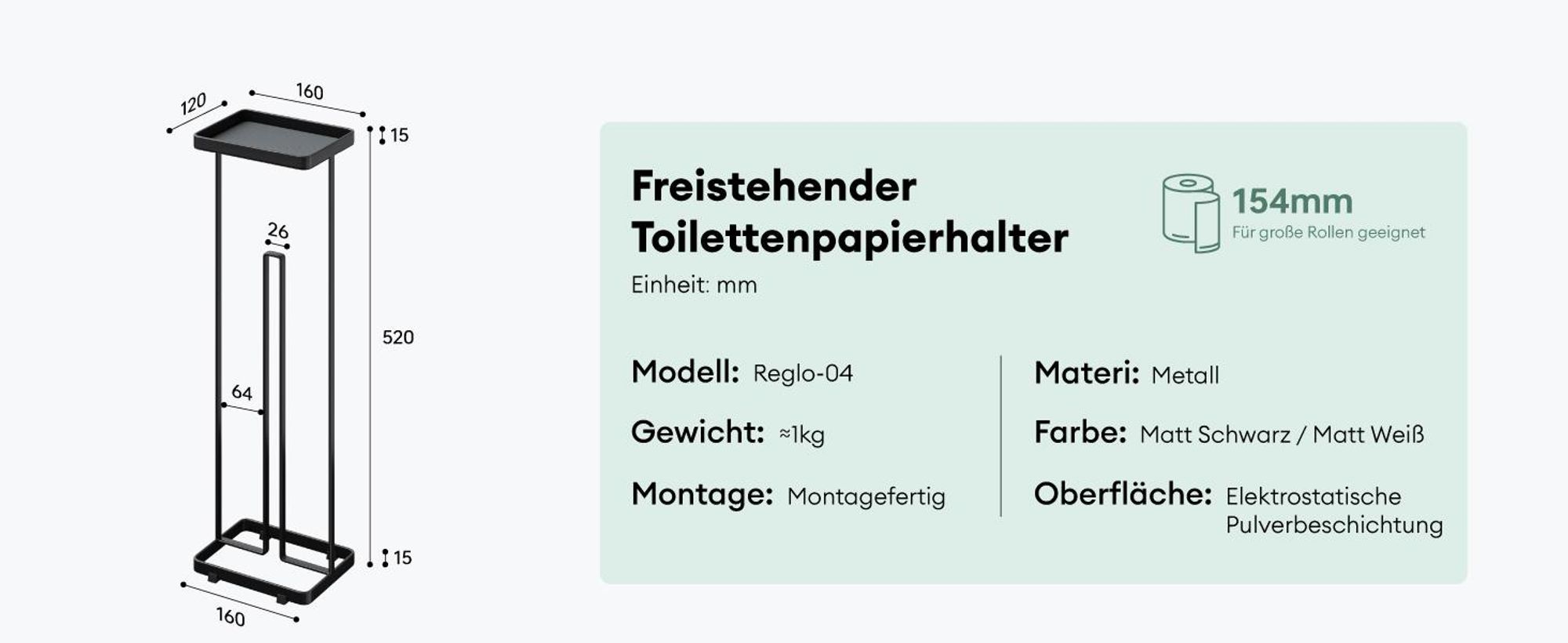 Mai & Mai Toilettenpapierhalter stehend mit Ablage Klorollenhalter Klopapierhalter freistehend WC Rollenhalter Toilettenständer Matt schwarz Reglo-04