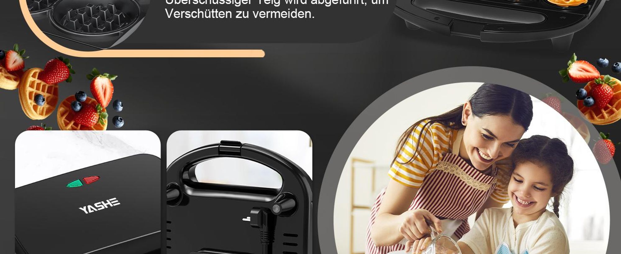 YASHE Mini Waffelmaker 8x5cm Waffeln Antihaft Kompakt Ideal für Frühstück