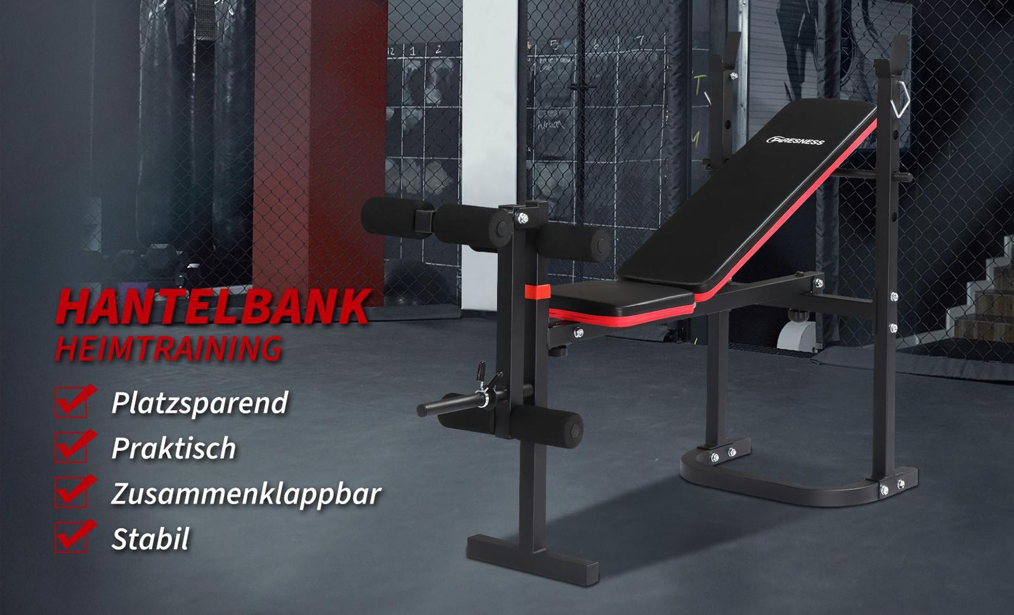 FCH Hantelbank Multifunktions-Trainingsbank Klappbare mit Beinpresse und Bizeps-Curlbänke für Ganzkörpertraining, Fitnessbank, Belastbarkeit 200kg,Rot