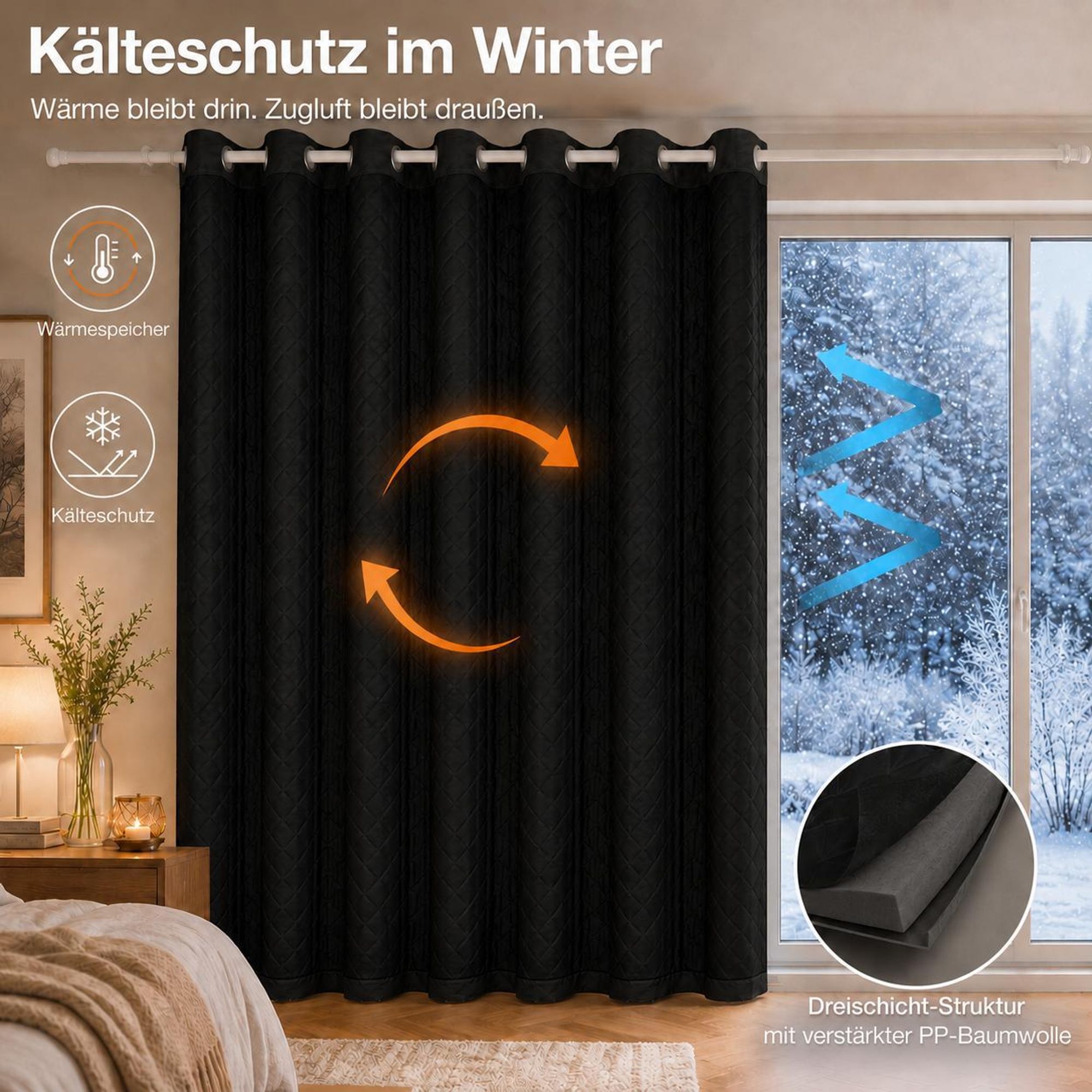 1x Outdoor Thermovorhang gegen Kälte und Hitze – Türvorhang, wasserdicht, Verdunkelungsvorhang mit Ösen für Garten Terrasse, Fenstervorhang, 132x274cm