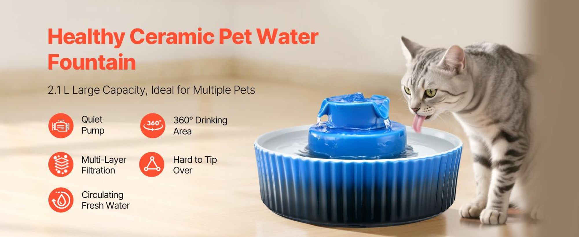 VEVOR Keramische Katzenwasserquelle, 2,1 L Cupcake Haustierbrunnen, Porzellan Katzenwasserspender mit ultra-leisem Pumpensystem, 360° Trinkbereich und mehrschichtigem Filtersystem, für Katzen und Hunde (Blau)