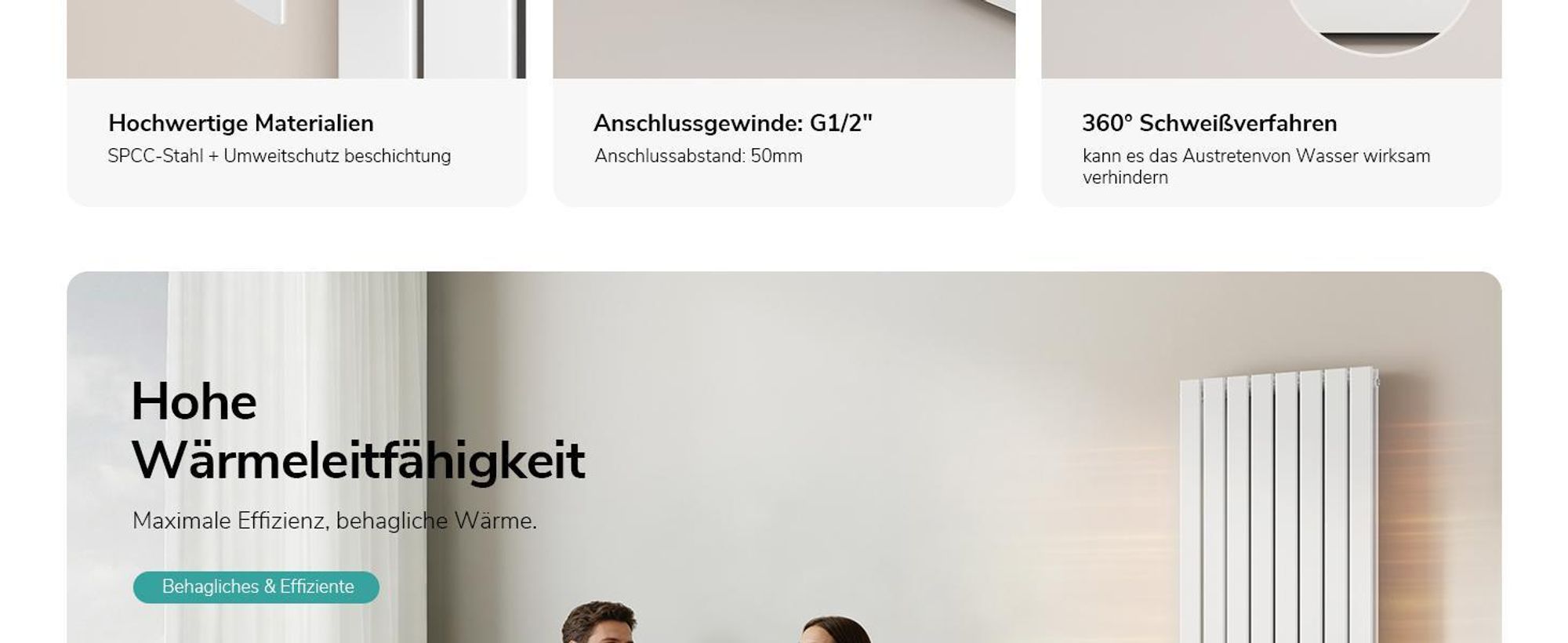EMKE Heizkörper Vertikal Design Paneelheizkörper 1600x538mm Weiß Doppellagig flach Mittelanschluss Heizung SPCC-Stahl, 1691 W ohne Heizstab