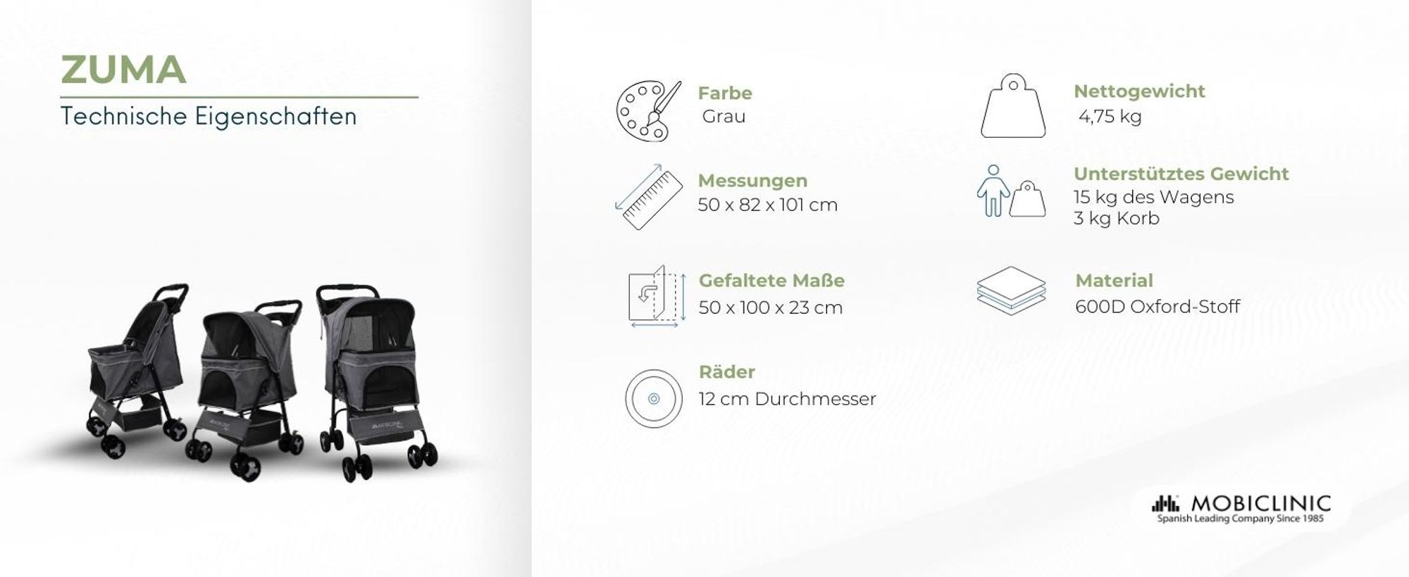 Mobiclinic Pets, Faltbarer Hundewagen, Bis zu 15 kg, Ideal für kleine Hunde, Zuma, Räder mit 360°-Bremsen, XXL-Korb, Becherhalter, Grau
