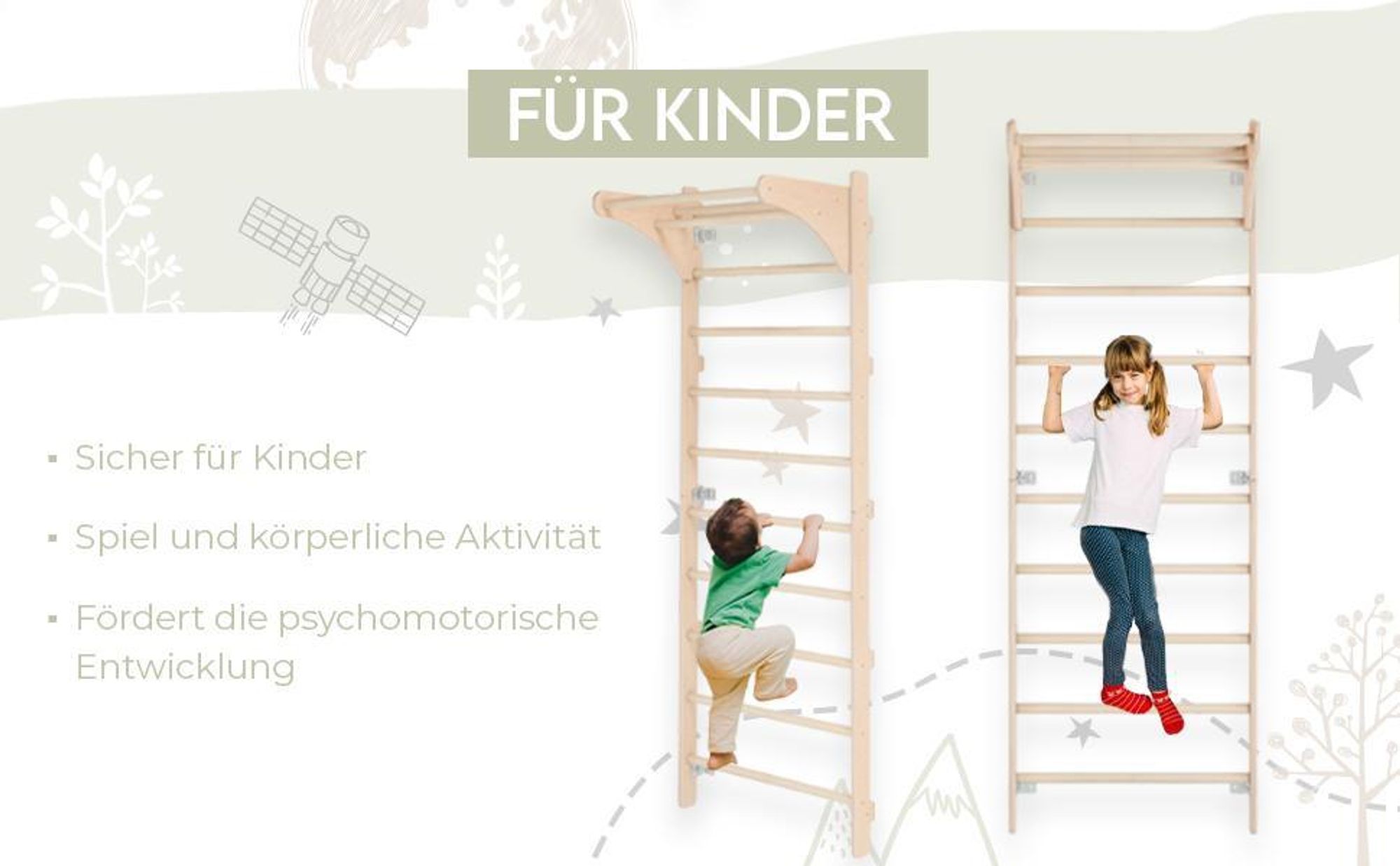 Sprossenwand mit Klimmzugstange für Erwachsene (230 cm) | Holz-Kletterwand | Multifunktionales Fitnessgerät | Kletterleiter für Erwachsene & Kinder