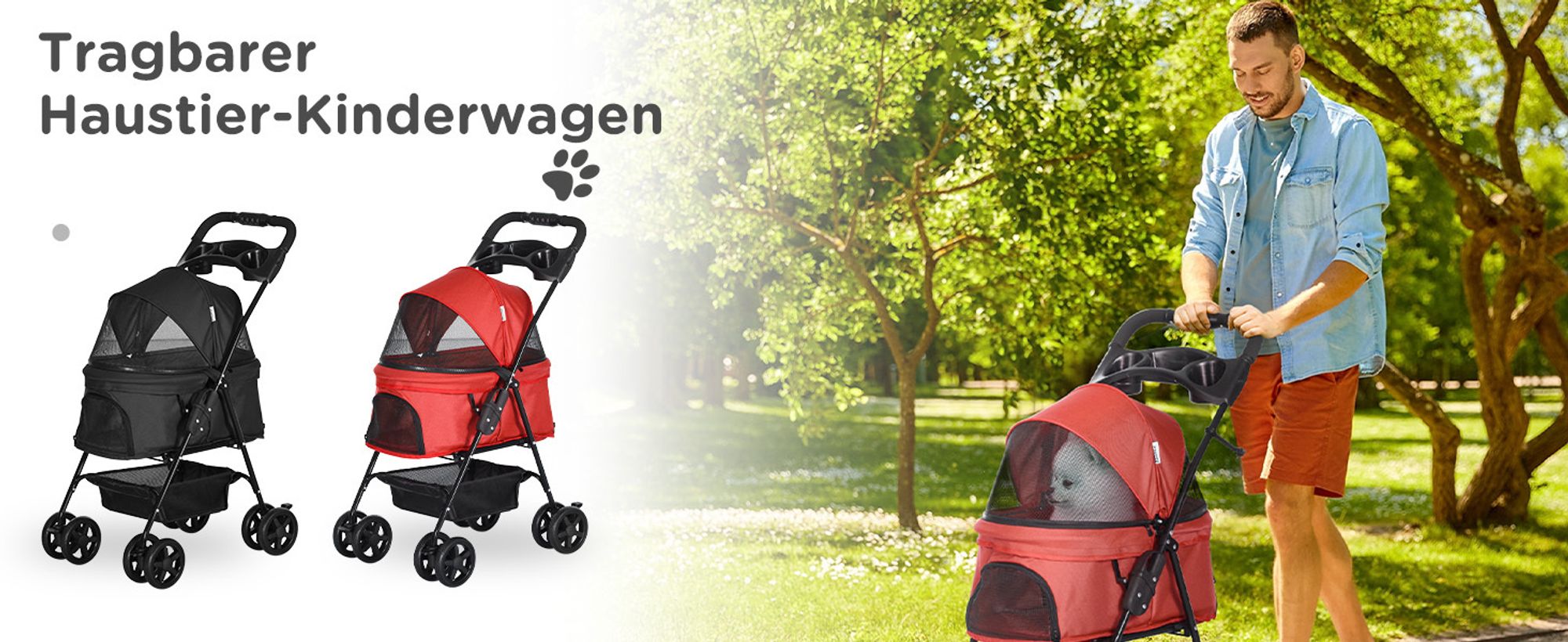 PawHut Hundewagen Hundebuggy mit Klappfunktion Pet Stroller für kleine Hunde und Katzen Haustierwagen Katzenbuggy Oxford Rot 67 x 45 x 96 cm