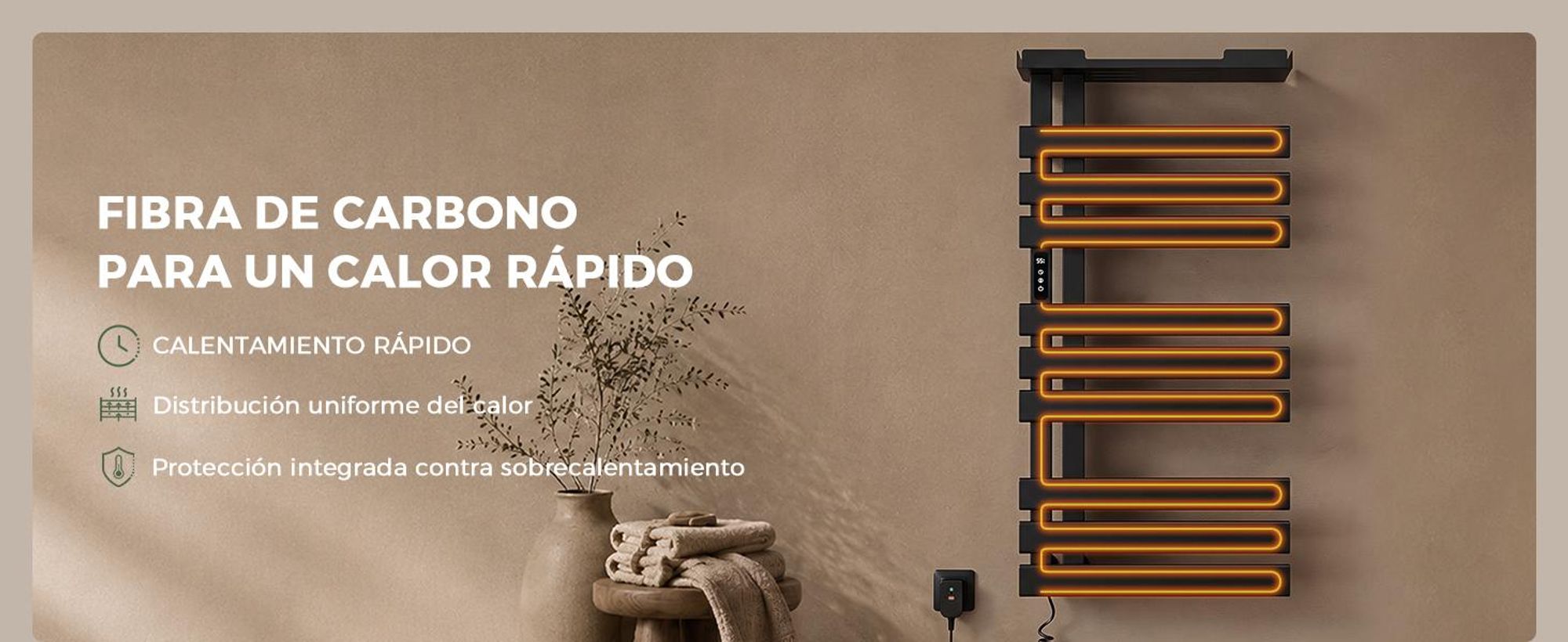 S'AFIELINA Scaldasalviette Elettrico con Ripiano 1050×500 mm 335 W Nero,Termoarredo WiFi, Riscaldamento in Fibra di Carbonio, 6 Modalità