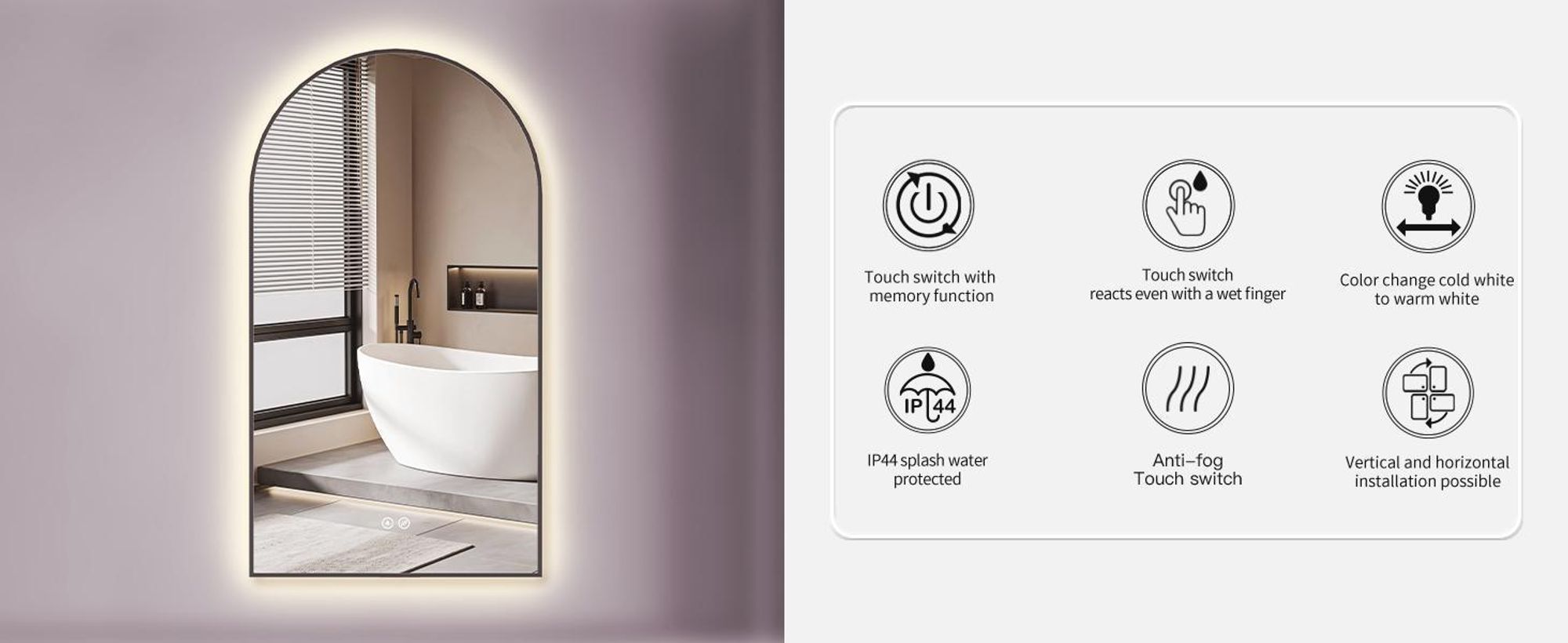 HOKO® Antibeschlag LED Bogenspiegel 60x100cm/100x60cm mit Schwarzer Metallrahmen, HOCH+QUER Montage. Arch Badspiegel+Touch Schalter+Licht Wechsel