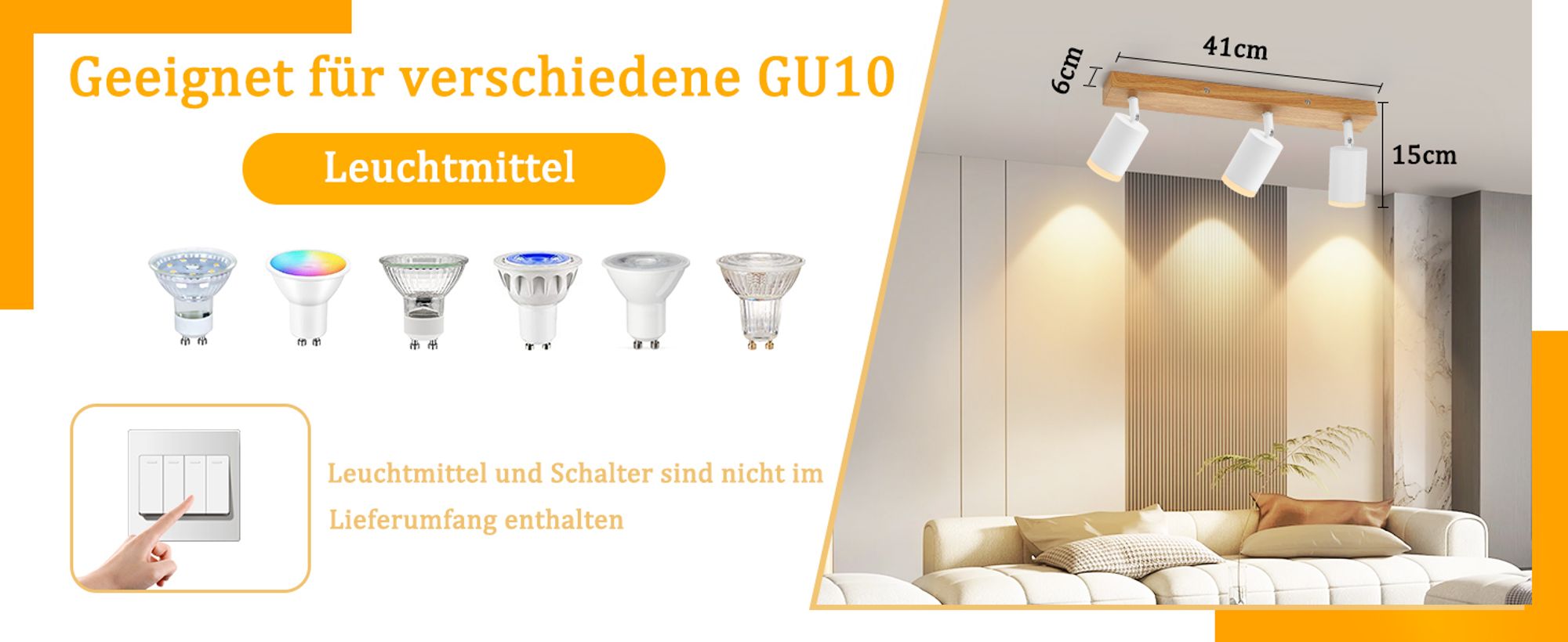 ZMH Deckenstrahler 3 Flammig Weiss Küchenlampe GU10 Holz Wandstrahler 350°Drehbar Vintage Strahler Flur Industrial Retro Ohne Leuchtmittel