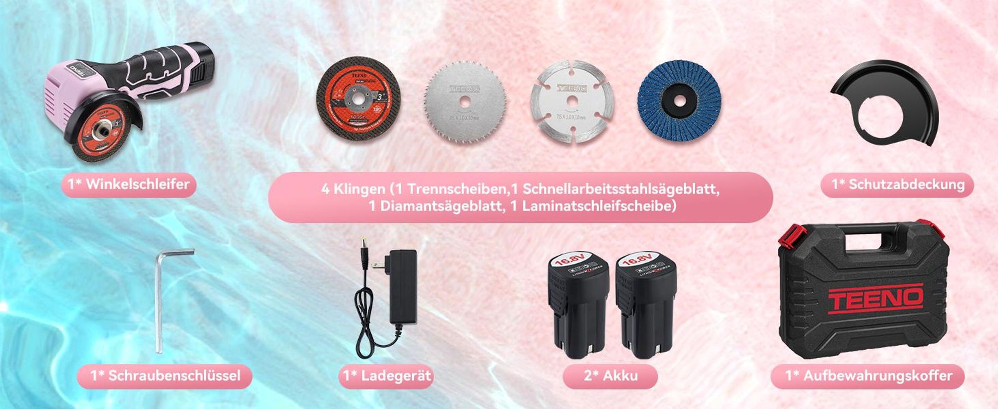 Winkelschleifer TEENO 19.500 U/min – kabellose Schleifmaschine, 76 mm, Komplettset mit 2 Akkus 2000 mAh und 6 Scheiben – zum Schleifen, Polieren