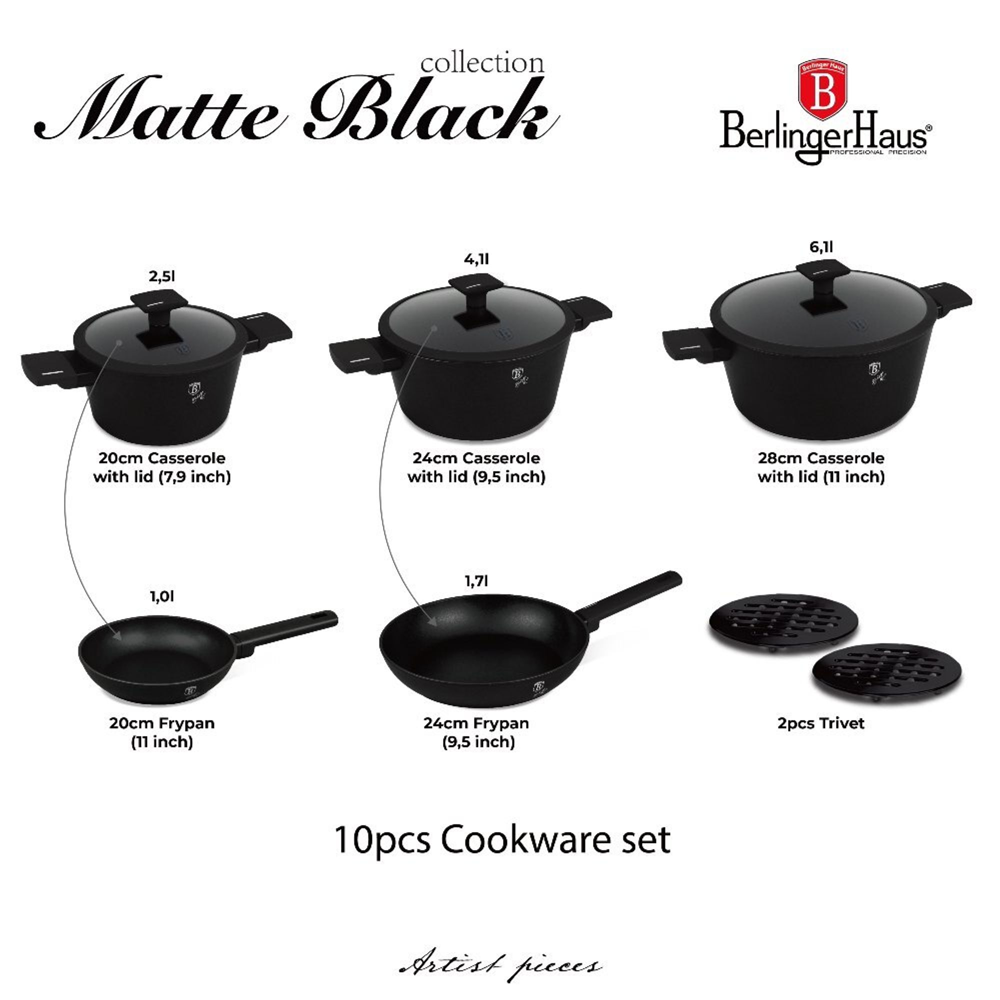 BERLINGERHAUS 10-teiliges Kochgeschirrset aus der Matte Black Collection BH-8197 mit Titanoberfläche