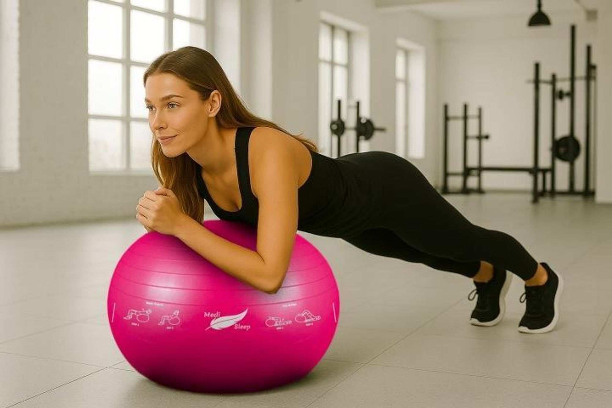 Ružová cvičebná lopta 65 cm s pumpičkou, fitness lopta s vyrysovanými cvikmi