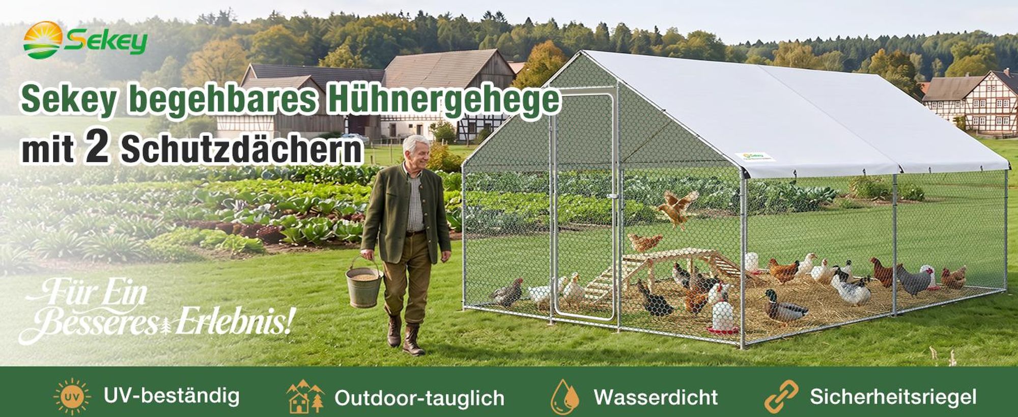 Sekey Hühnerstall Freilaufgehege XXL Stahl Voliere Hühnergehege 4x3x2m Kleintiergehege wetterfest für 18-24 Hühner Kleintiere Schloss Freigehege