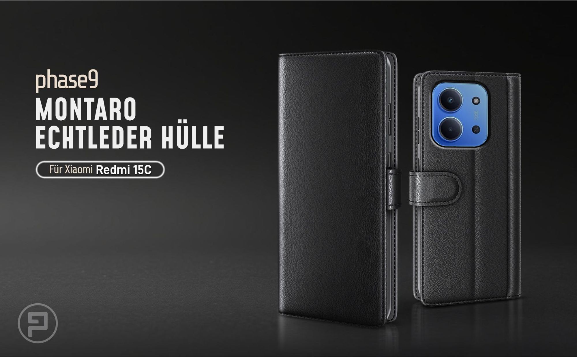 Schwarze Lederhülle für Xiaomi Redmi 15C mit Magnetschließe