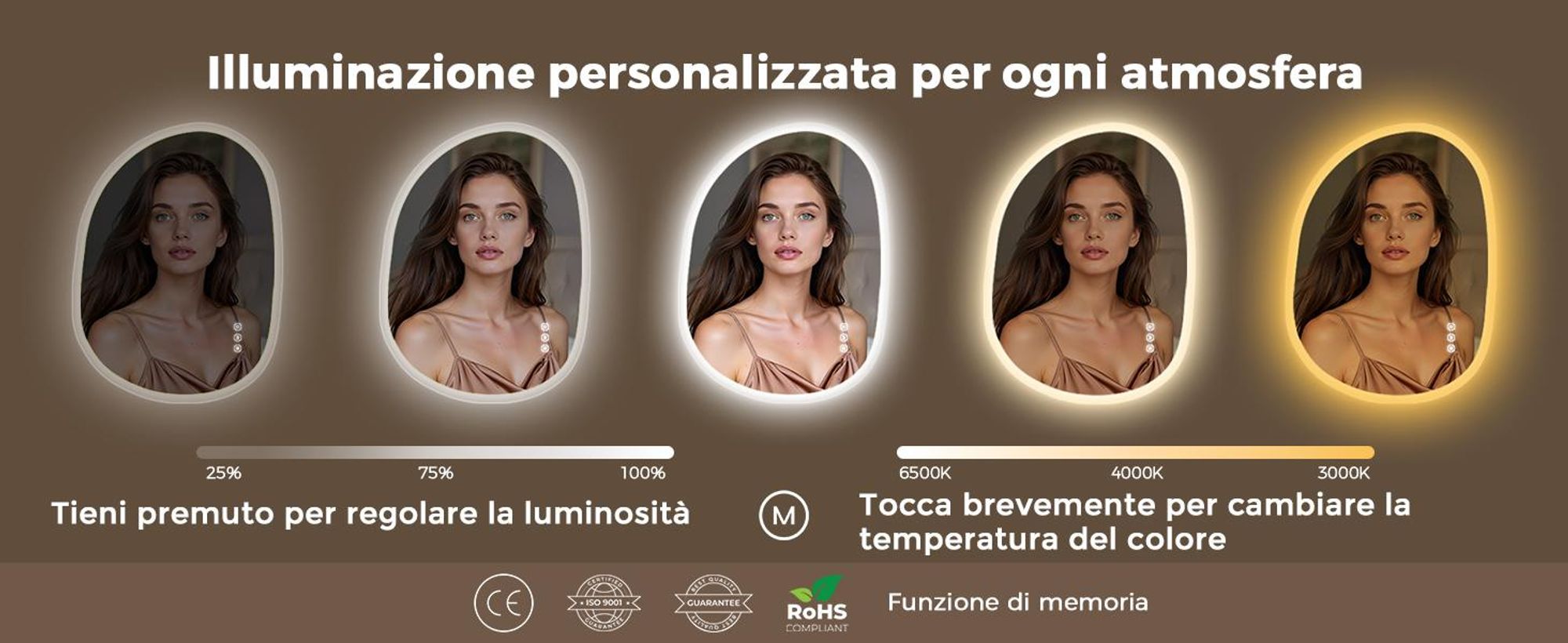 Specchio da bagno illuminato S'AFIELINA, 60x80 cm, specchio LED asimmetrico, senza cornice, 3 tonalità di luce, dimmerabile, antiappannamento, funzione di memoria