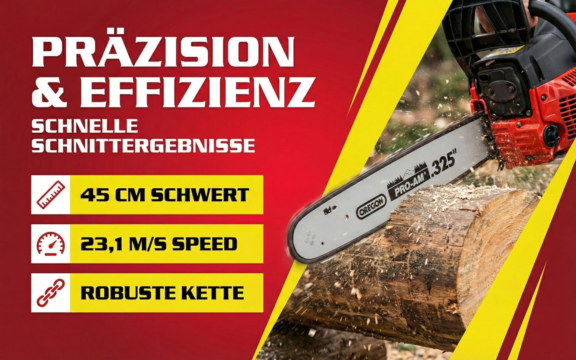 Kettensäge Motorsäge Benzin HECHT 945 | 45 cm Schwertlänge | 2,4 PS / 1,7 kW | 23 m/s | 5,6 kg