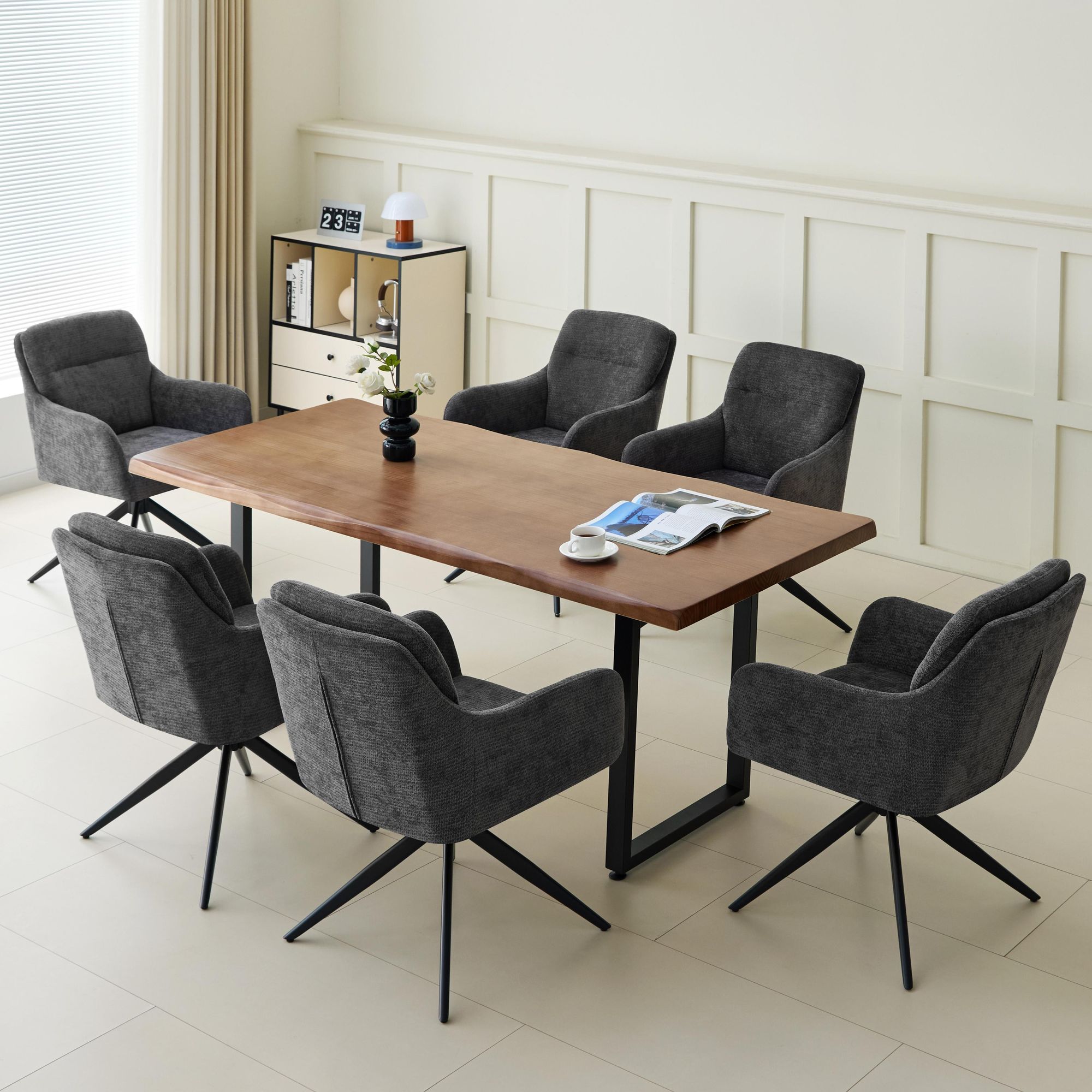 Deuline Esszimmerstühle 4er Set  360° drehbar mit Armlehne, Polsterstuhl Chenille, Drehstuhl Esszimmer, Küchenstuhl für Esszimmer, Küche, Grau 521262