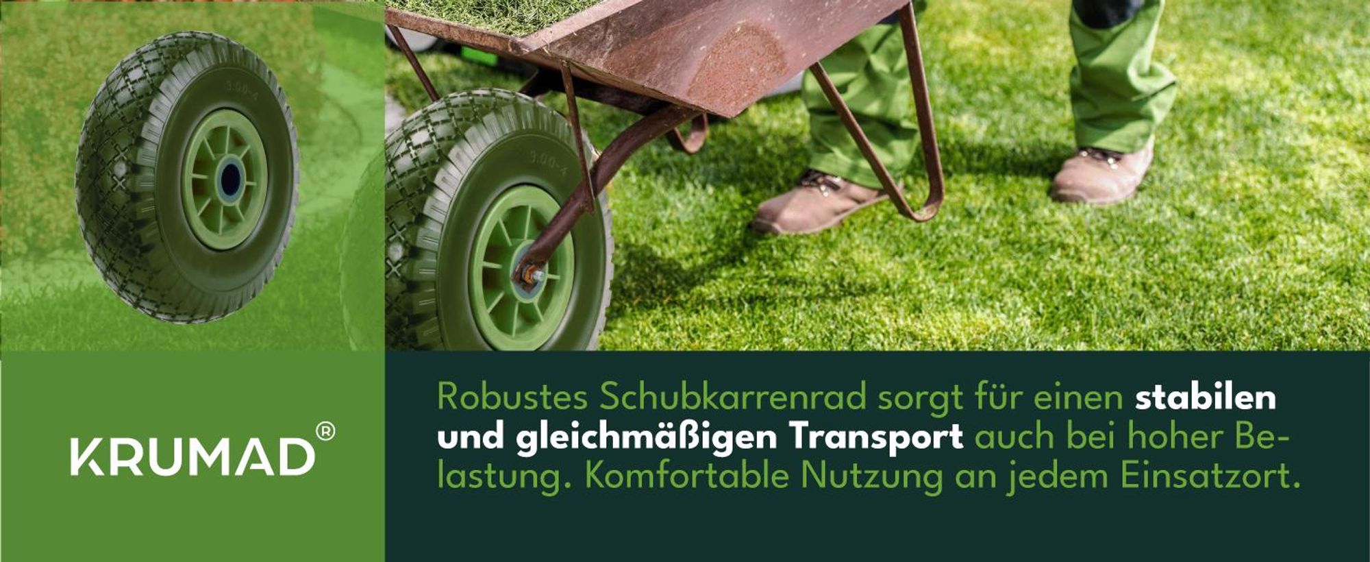 KRUMAD Schubkarrenrad Vollgummi 3.00-4, Polyurethanpannensicheres Ersatzrad mit Achse und Stahlfelge für Schubkarre & Sackkarre