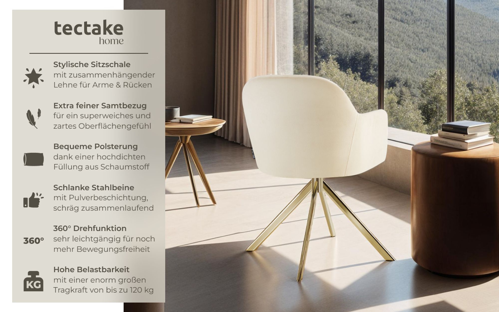 tectake® Samt-Drehstuhl Lona gepolstert 56 x 59 x 81 cm