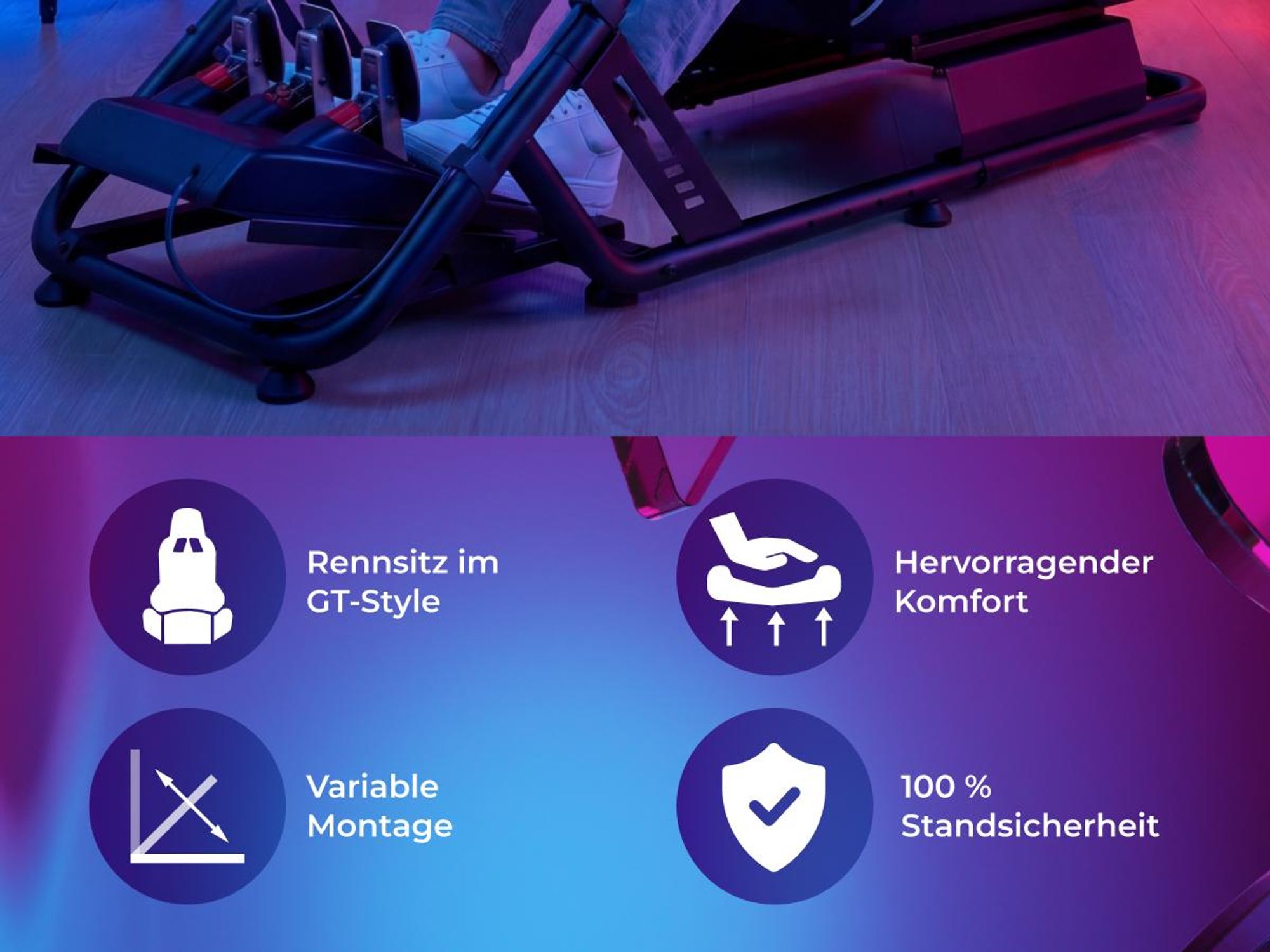 tectake Gamingstuhl Sim-Racing-Cockpit GT-Style Rennsitz 12-stufig verstellbar kompatibel Logitech Fanatec Thrustmaster Stahl Kunstleder