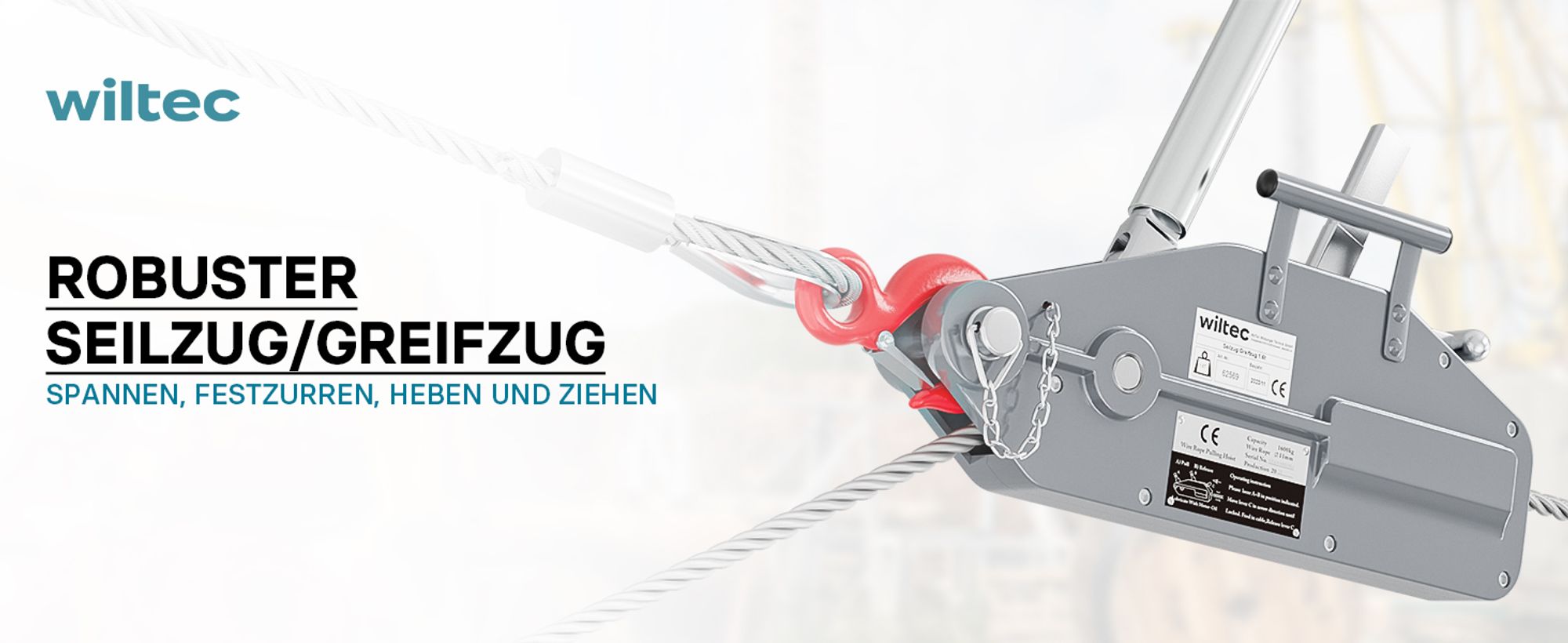 Wiltec Seilzug bis 1600 kg Seilwinde mit 20 m Seil, Handseilwinde mit Ø 11 mm Stahl-Seil, Forstseilwinde mit Abscherstift, Handseilzug mit Lasthaken