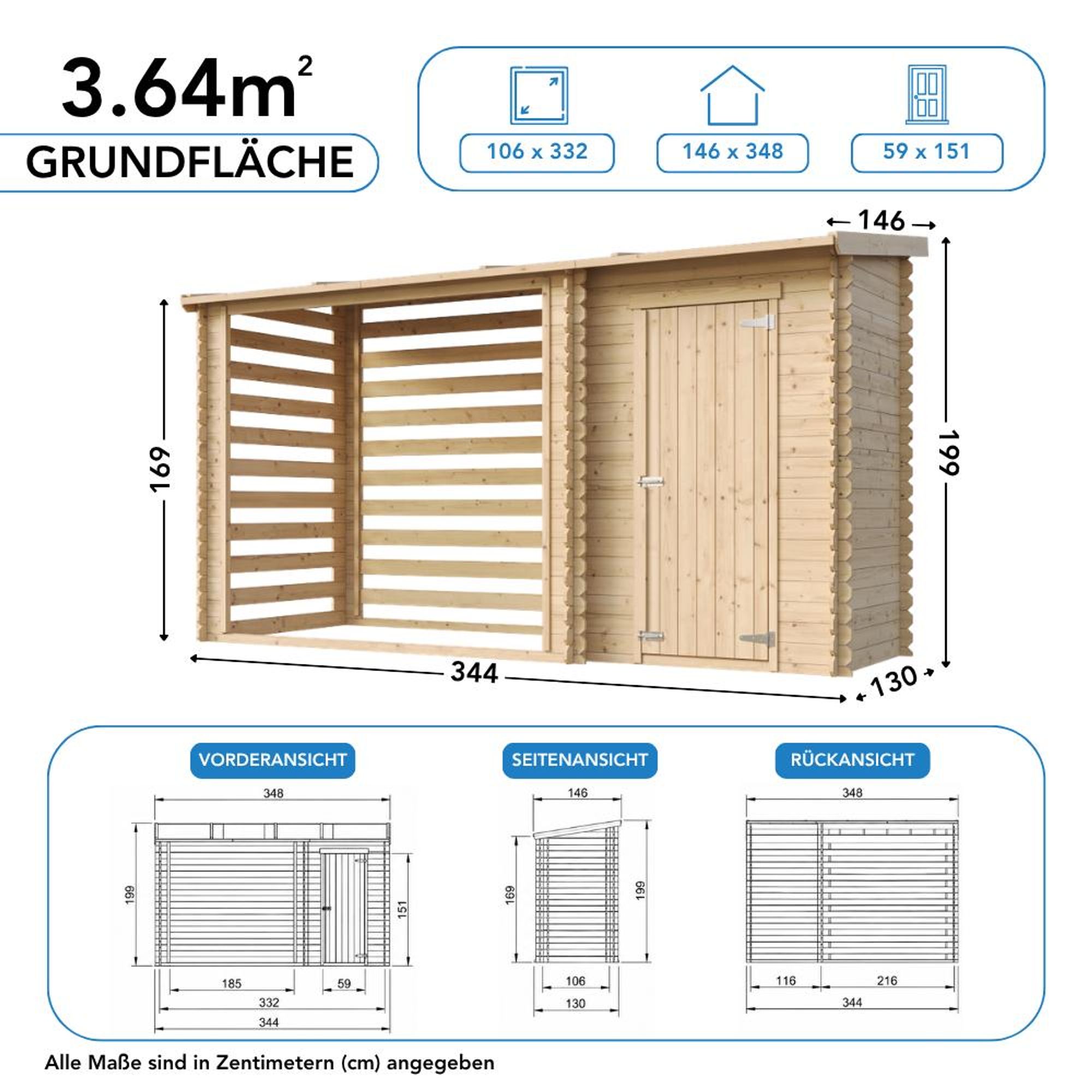 TIMBELA M205 - Gartenhaus Holz mit Brennholzregal B344xL146xH199 cm/ 3.64 m2