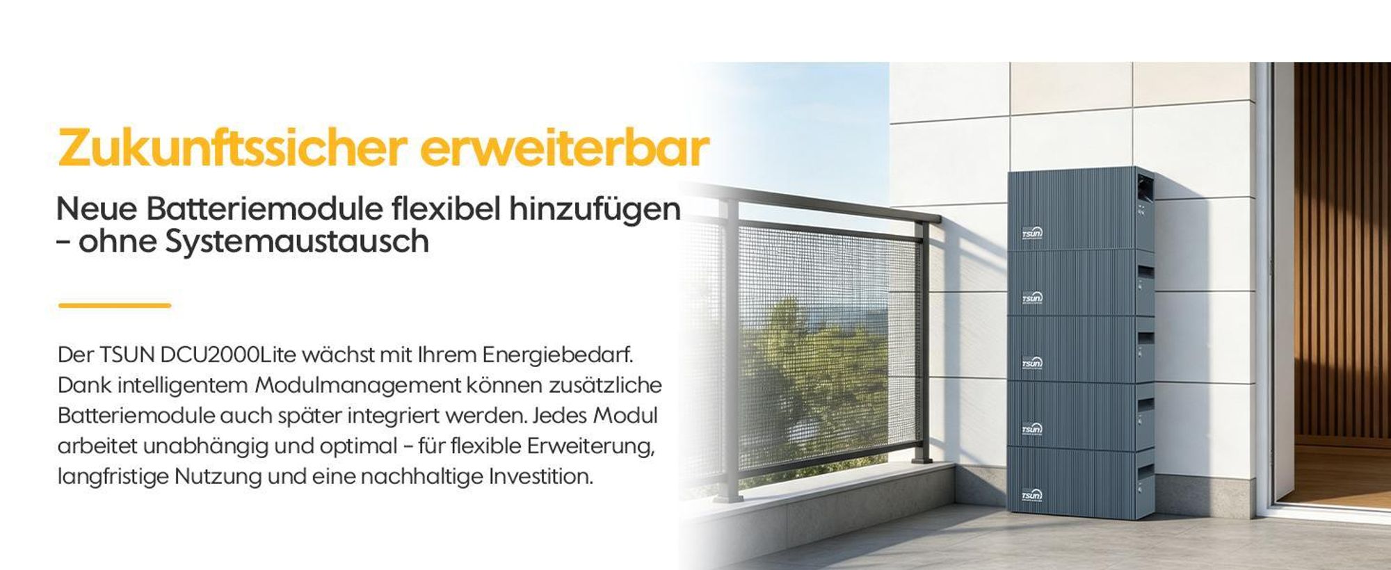 Balkonkraftwerk Speicher TSUN DCU2000Lite 2kWh (bis 10 kWh erweiterbar), 314Ah Industriezellen, 2400W PV Input mit Dual MPPT, Plug & Play (0% MwSt)
